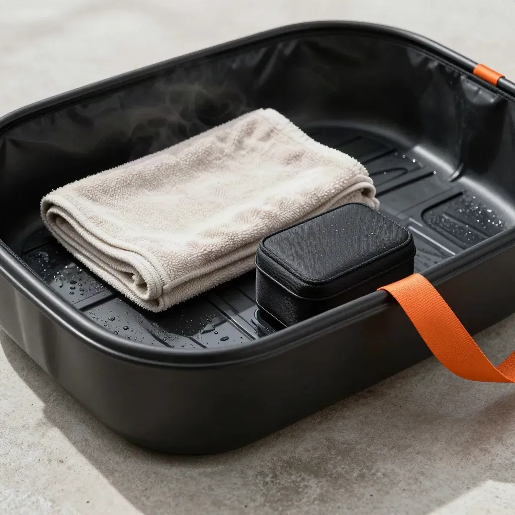 Vasca baule in gomma nera bagnata con panno piegato, scatola tessile e nastro arancio