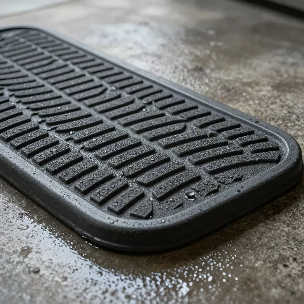 Tappetino in gomma antiscivolo bagnato su cemento umido, con goccia d’acqua e trama in primo piano