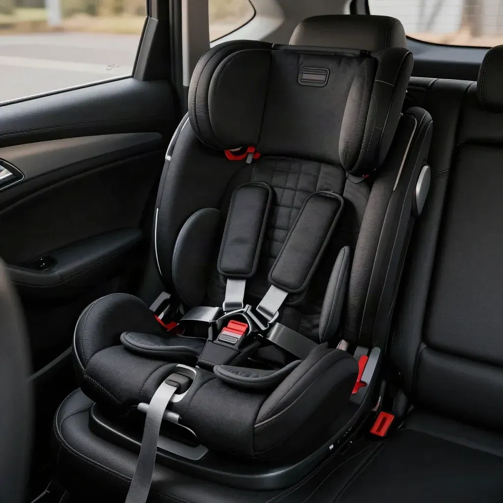 Protezione sedile nero su sedile auto vuoto, luce drammatica e dettagli impermeabili.