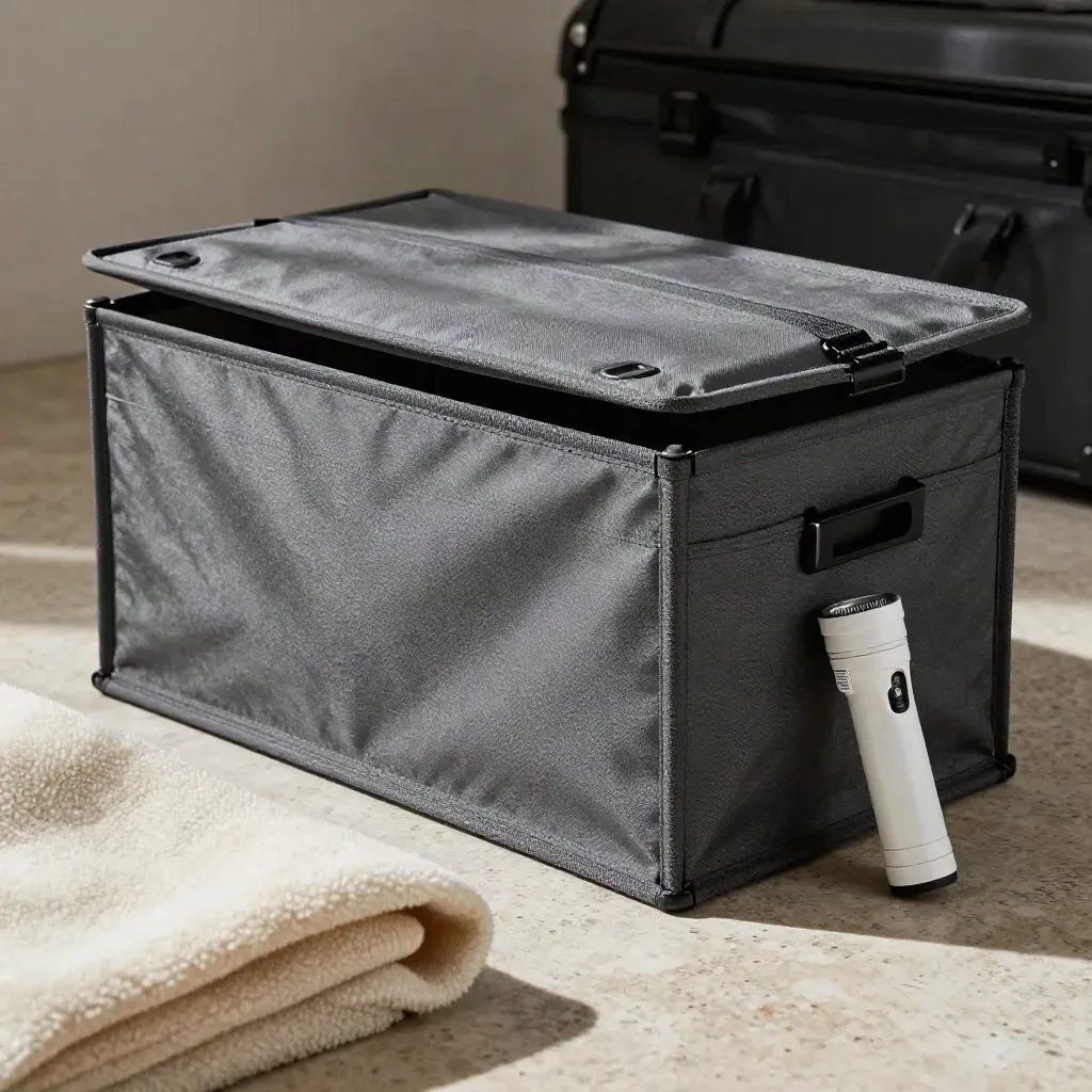 Box pieghevole grafite mezzo aperto con coperta di lana e torcia nel bagagliaio.