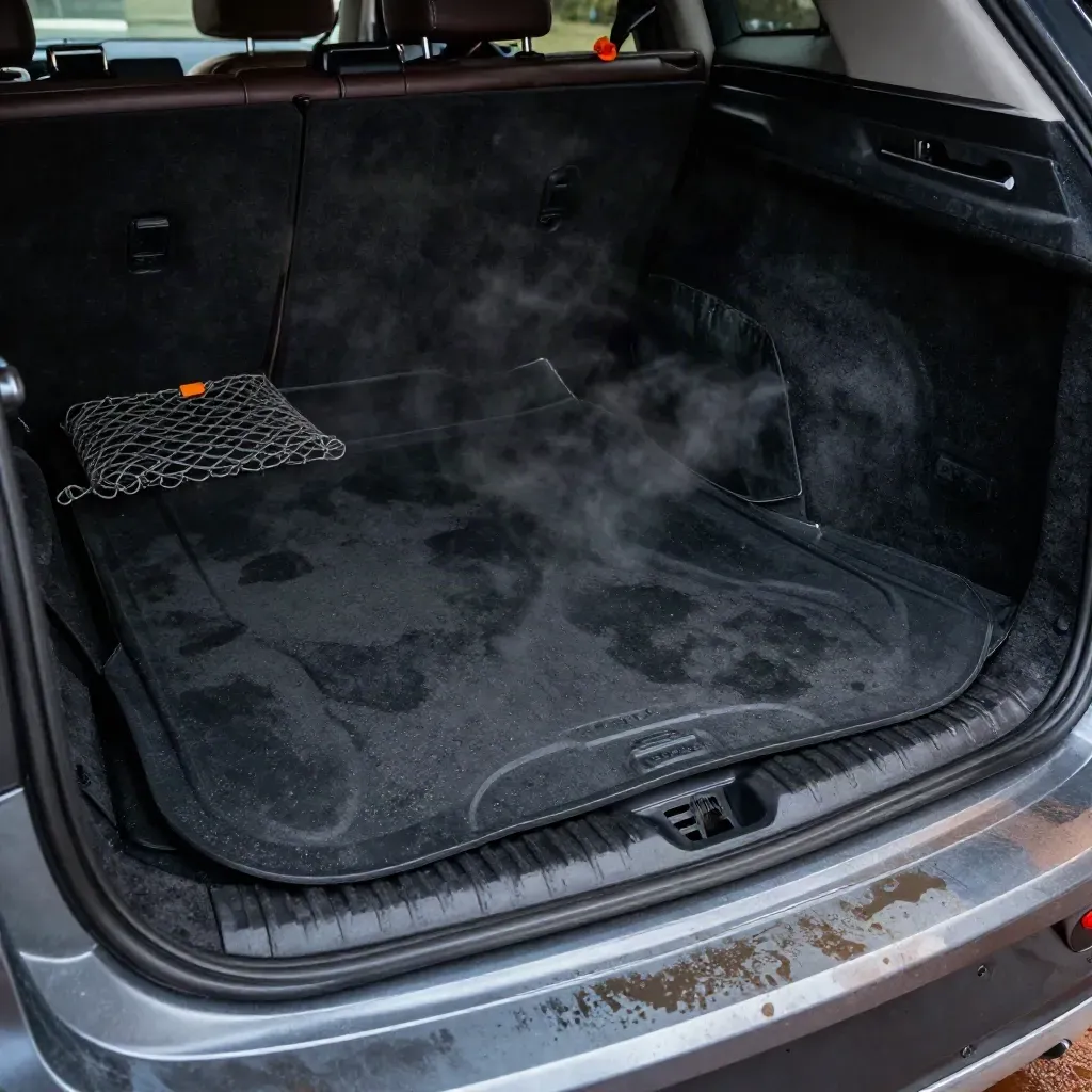 Tappeto baule in gomma nero, vista bassa diagonale dentro un bagagliaio aperto su cemento umido