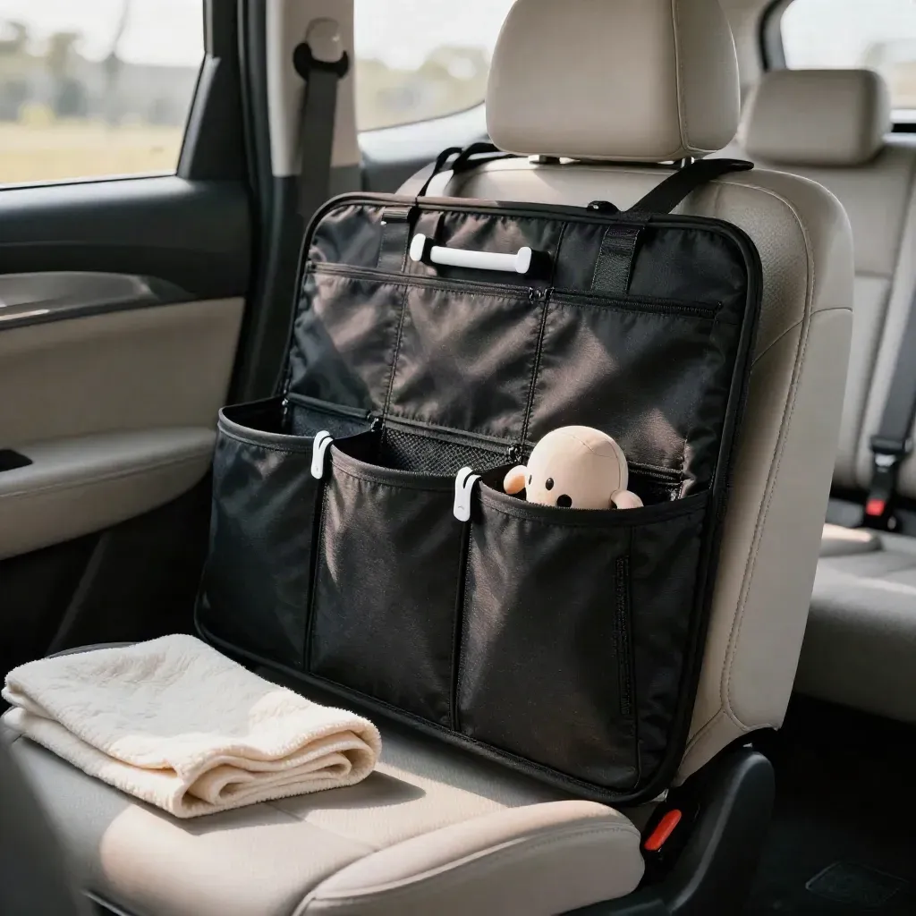 Organizer per schienale auto nero su sedile beige con accessori viaggio per bambini