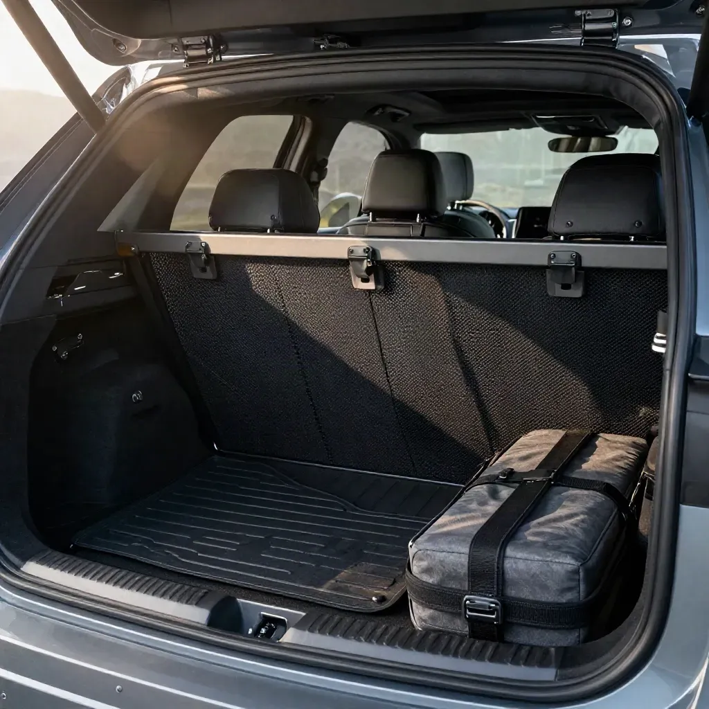 Divisorio per cani nel bagagliaio di un SUV, con tappetino e accessori ordinati