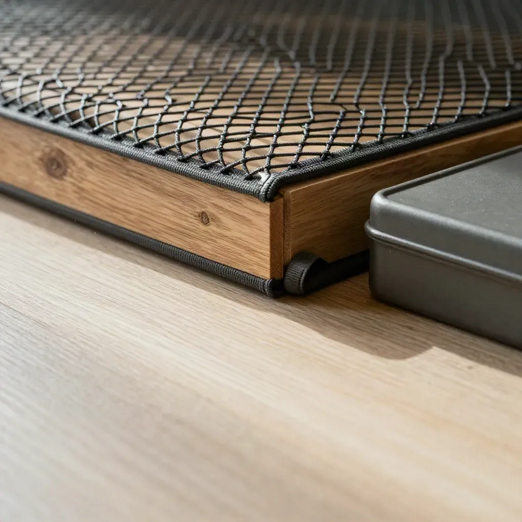Piano in rovere chiaro con rete elastica e ombra diagonale morbida