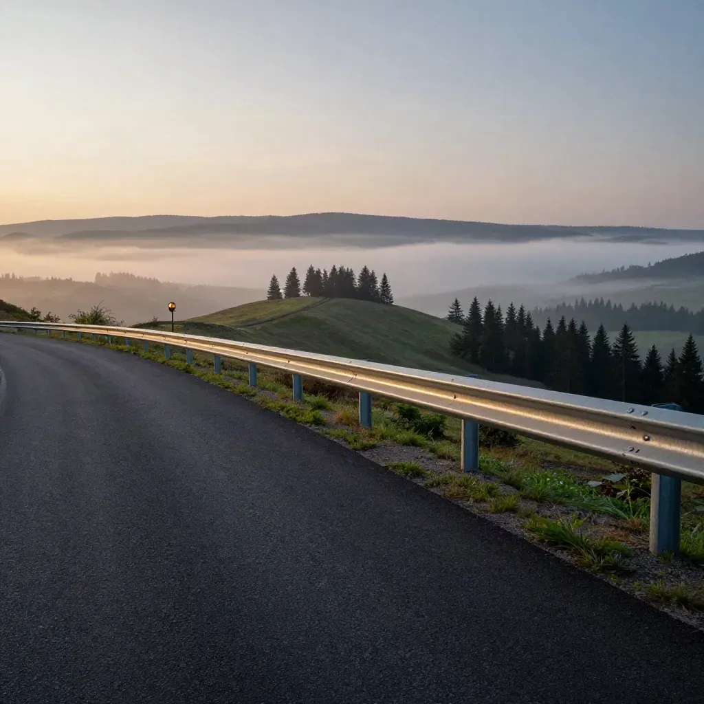 Belvedere stradale all’alba con guard-rail, pini lontani e valle nella foschia.