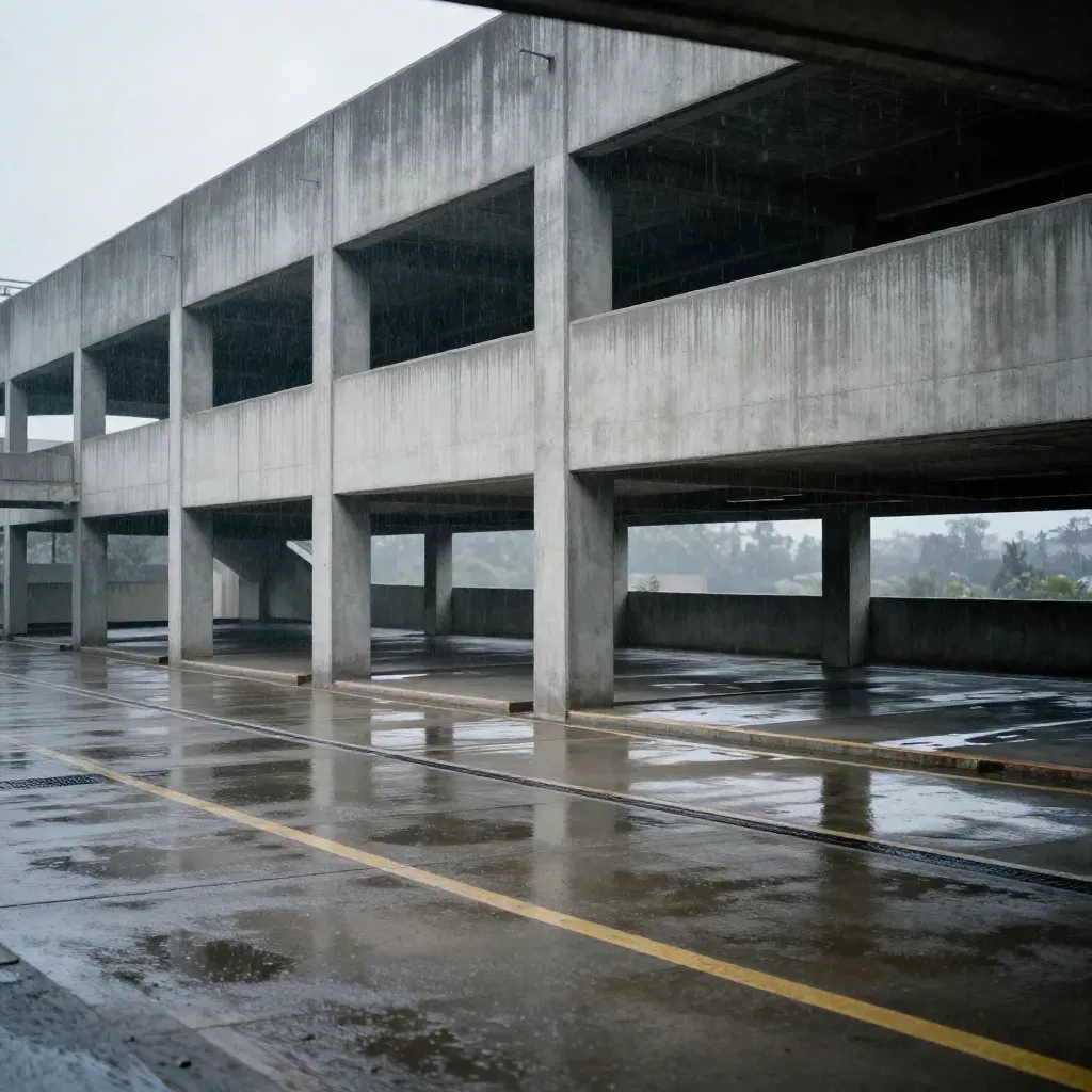 Parcheggio multipiano bagnato con riflessi, colonne ripetute e spazio vuoto per testo