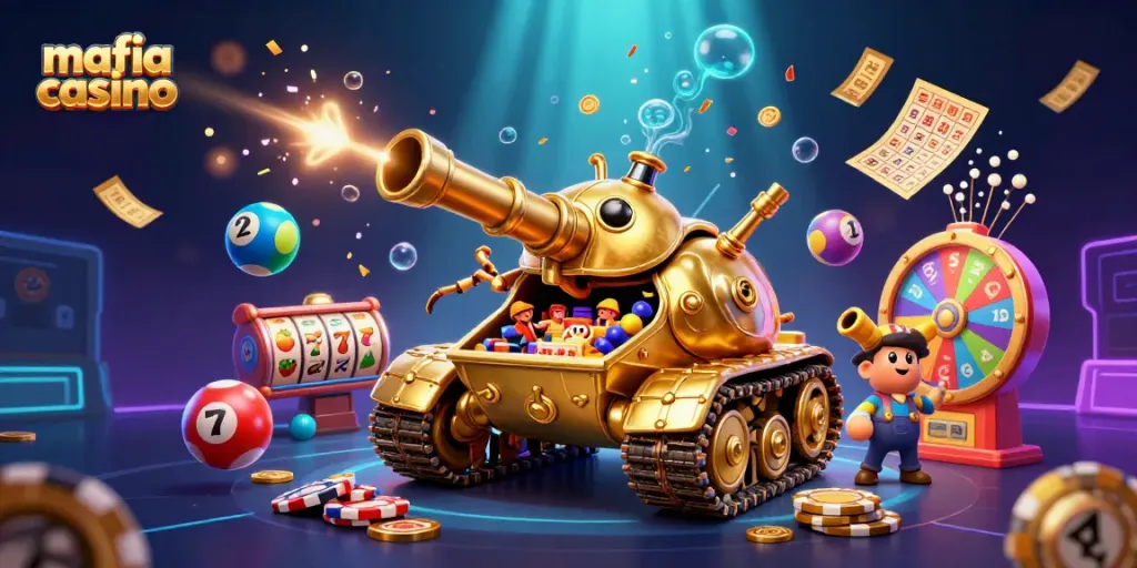 Mafia casino-themed 3D illustration showcasing vibrant games and a dynamic environment filled with excitement.